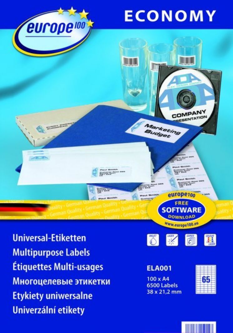 Etykiety uniwersalne AVERY ZWECKFORM Economy Europe100 A4, 100 ark./op., 38x21,2mm, białe