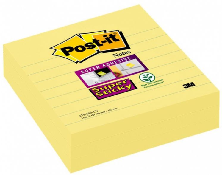 Bloczek samoprzylepny Post-it Super Sticky w linię 101x101 żółty 3x70 karteczek