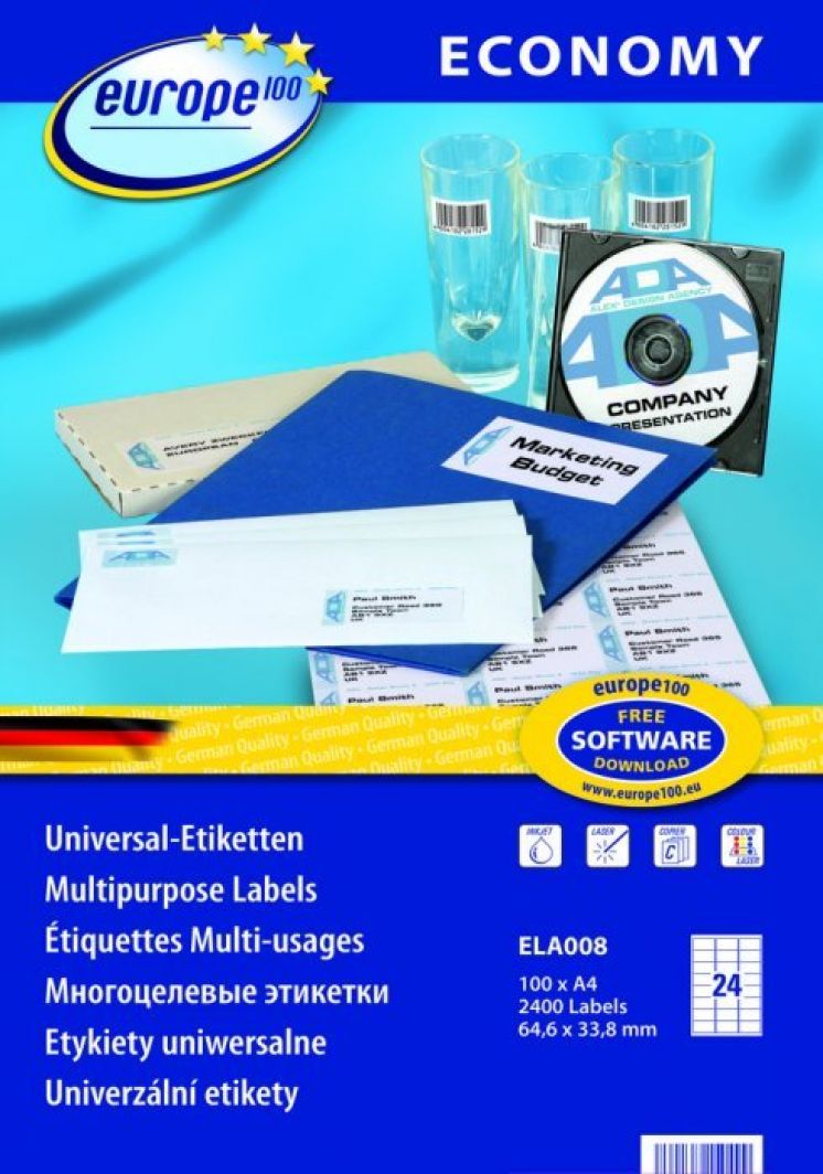 Etykiety uniwersalne AVERY ZWECKFORM Economy Europe100 A4, 100 ark./op., 64,6x33,8mm, białe