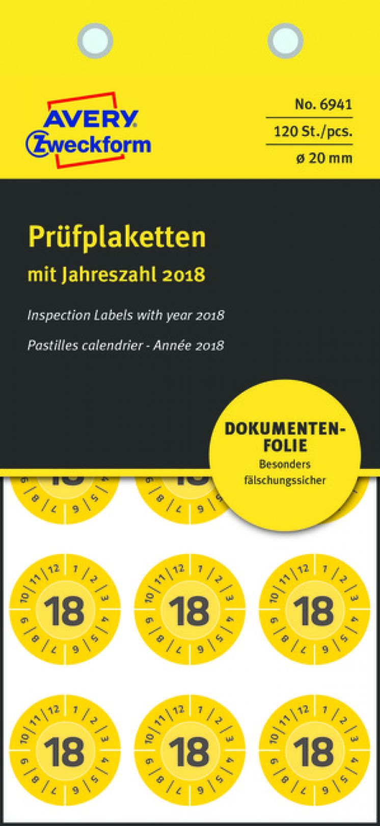 Etykiety inspekcyjne NoPeel 2018 Ø20mm, 120szt. żółte 6941 Avery Zweckform