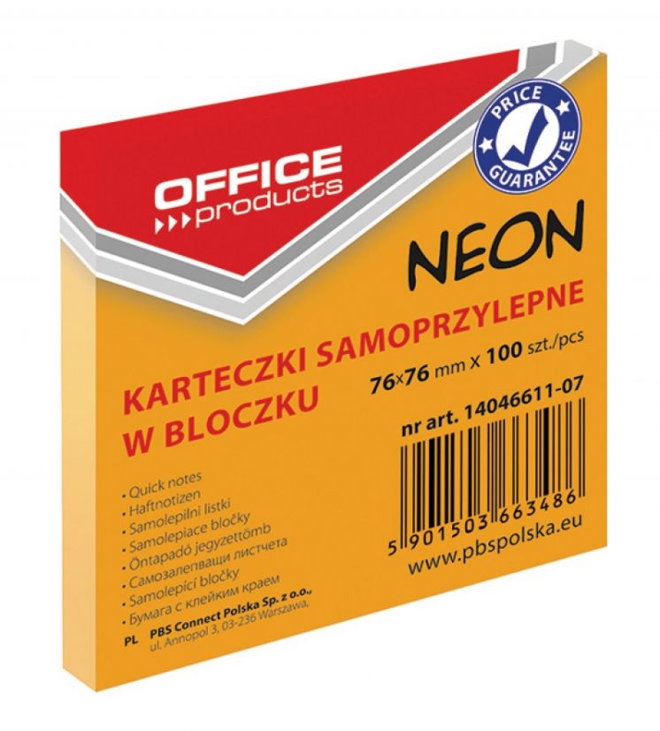 BLOCZEK SAMOPRZYLEPNY OFFICE PRODUCTS 76X76 100 KARTEK NEON POMARAŃCZOWY