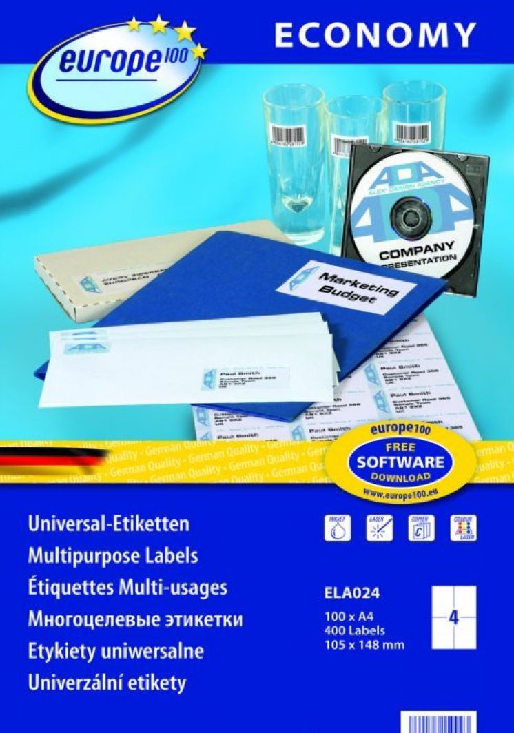 Etykiety uniwersalne AVERY ZWECKFORM Economy Europe100 A4, 100 ark./op., 105x148mm, białe