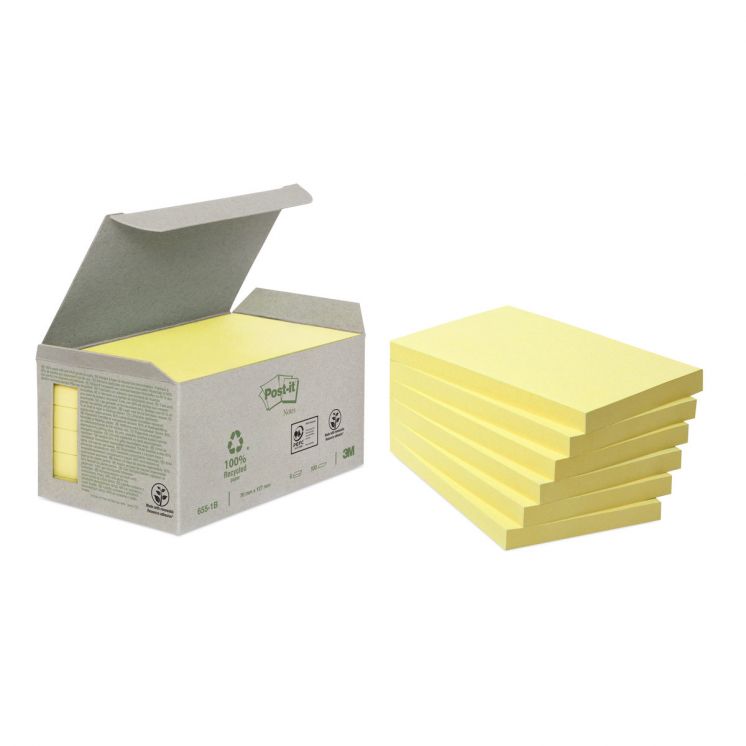Ekologiczne karteczki samoprzylepne Post-it z certyfikatem PEFC Recycled, Żółte, 76x76mm, 16 x 100 kartek, 654-1T 3M-4046719100651