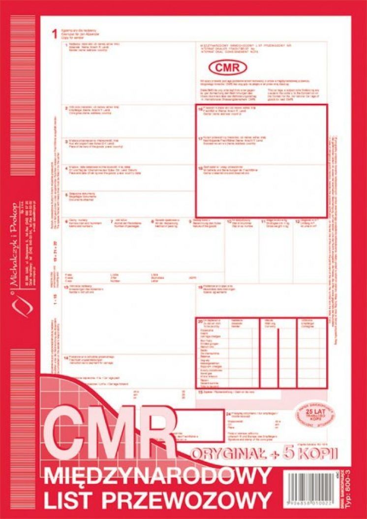 CMR międzynarodowy list przewozowy numerowany MICHALCZYK I PROKOP A4 (o+5k)
