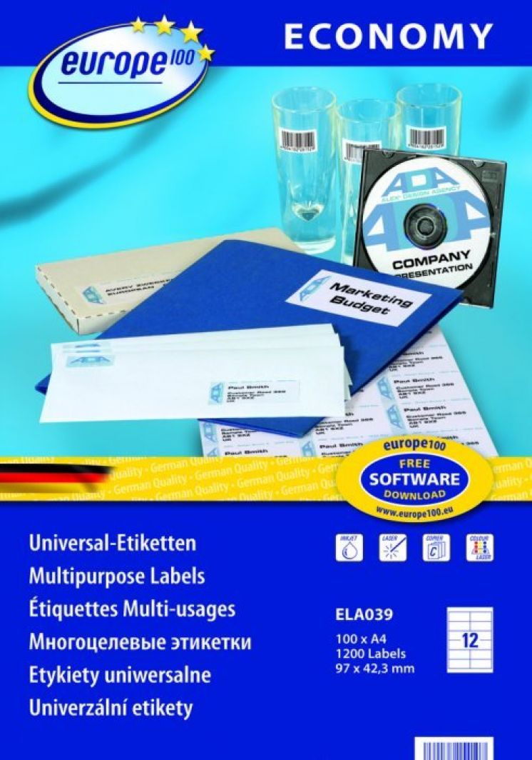 Etykiety uniwersalne AVERY ZWECKFORM Economy Europe100 A4, 100 ark./op., 97x42,3mm, białe