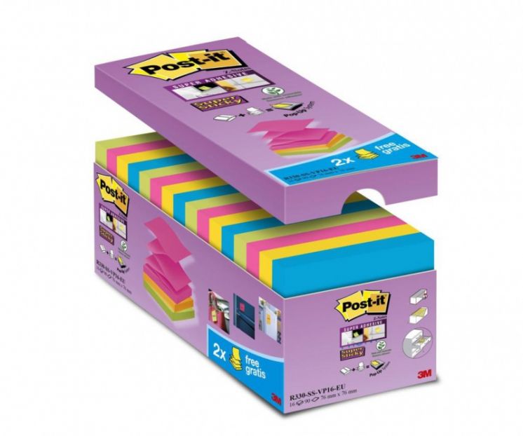 Bloczek samoprzylepny Post-it Super Sticky Z-Notes 76x76 mix kolorów 16x90 karteczek