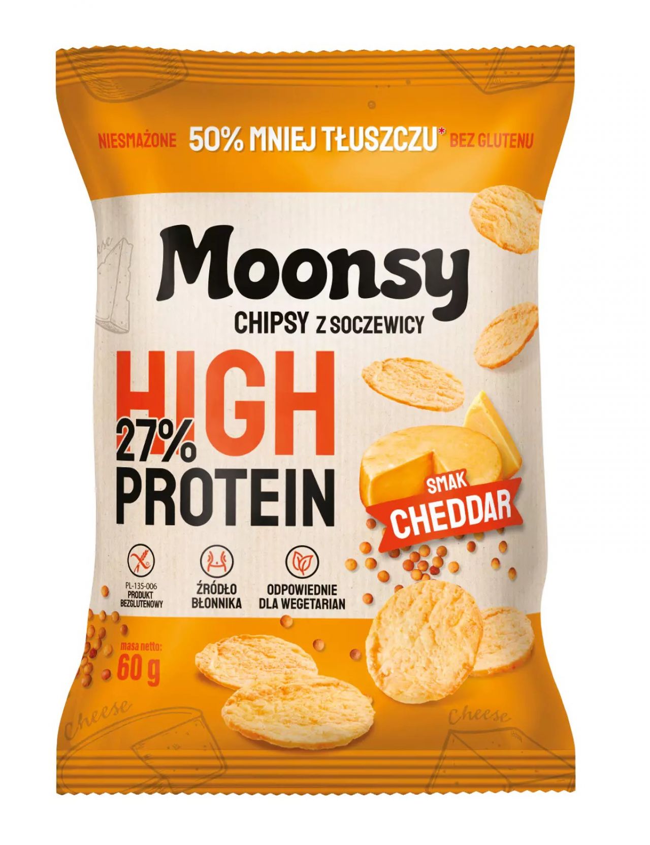 Chipsy z soczewicy o smaku cheddar MOONSY HIGH PROTEIN 60g