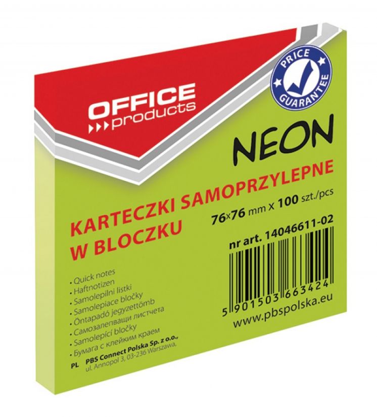 BLOCZEK SAMOPRZYLEPNY OFFICE PRODUCTS 76X76 100 KARTEK NEON ZIELONY