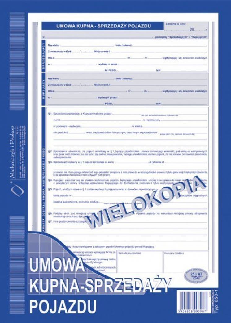 Umowa kupna-sprzedaży pojazdu MICHALCZYK I PROKOP A4 wielokopia
